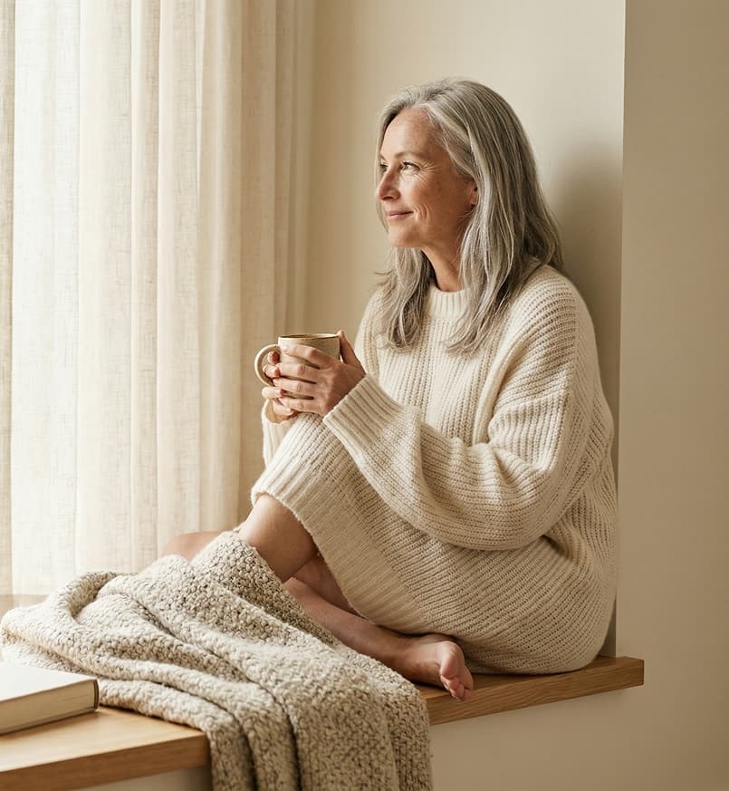 Woman sitting by a window holding a warm drink