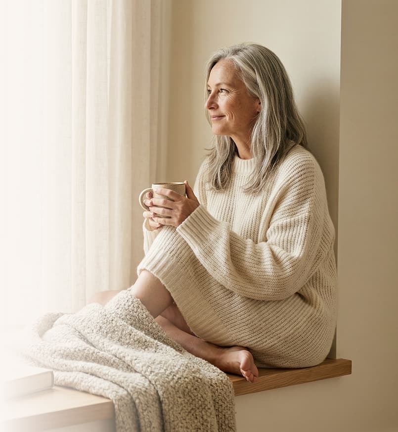 Woman sitting by a window holding a warm drink