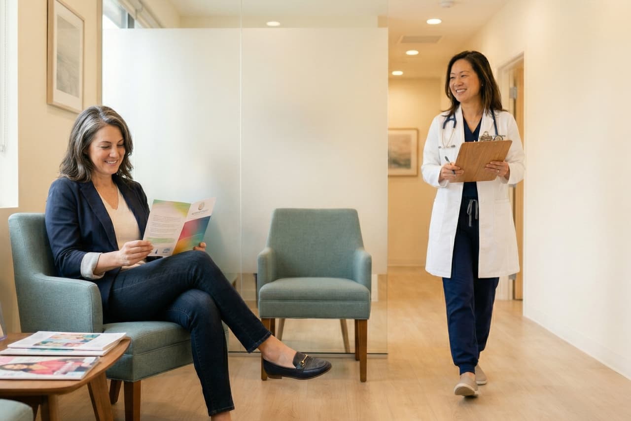 Patient reading a brochure while doctor approaches with clipboard
